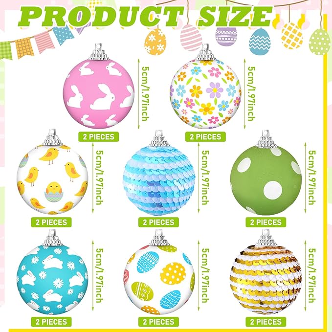 Zeyune 16 Pcs Easter Tree Ornaments for Small Tree Easter Egg Bunny Decorations Hanging Sequin Balls Ornaments for Home Seasonal Holiday Party