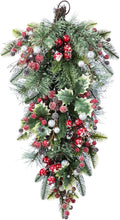Glitzhome Christmas Teardrop Swag 28 Inch Red Pomegranate Berry & Holy Leaf Decor for Front Door, Indoor Outdoor Holiday Greenery with Rattan Ring for Mantel, Porch, Festive Hanging Decoration