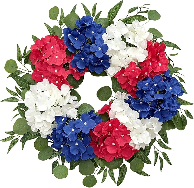 Patriotic Wreaths for Front Door 24 Inch 4th of July Wreath, Red White Blue Flower Wreaths, Perfect Memorial Day and Independence Day Decor