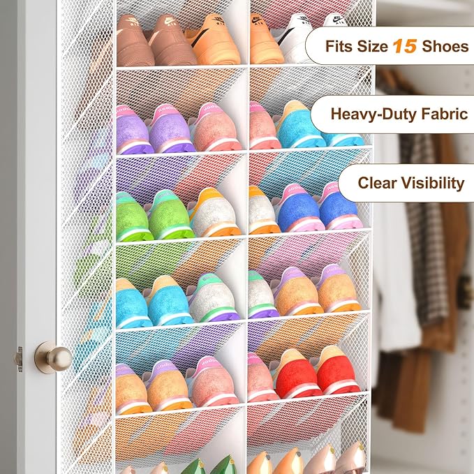 30 Pairs Over the Door Shoe Organizer, Breathable Mesh Pocket Hanging Shoe Storage for Closet, 10-Tier Door Shoes Rack, Handing Shoes Holder Fit All the Family's Sneakers, Boots, Heels, White