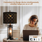 Modern Table Lamp Set of 2, Nightstand Lamps with Black Grid Shade, Bedside Lamps with USB A+C Charging Ports, Decorative Table Lamp, Square Base, Desk Lamps for Living Room, Bedroom, 2 Bulbs Included
