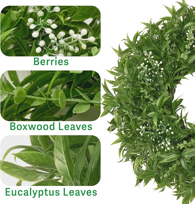 26 Inch Large Boxwoods Wreaths for Front Door Artificial Green Eucalyptus Leaves Greenery Indoor Outdoor Wreath Home Decor Porch Window Wall Farmhouse Door Decorations Spring Summer All Season