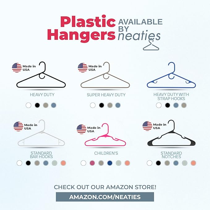 Neaties Plastic Hangers 50 Pack (60 Count) – Made in The USA – 6lb Capacity Standard Clothes Hangers with Notches and Reinforced Edges for Dresses, Lingerie, Shirts, Pants, and Jackets – White & Gray