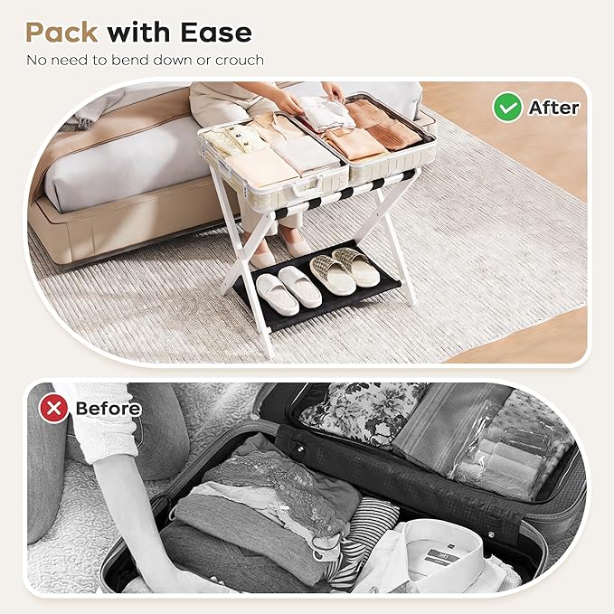 26.77" Full Assembled Luggage Rack for Guest Room, Set of 2 Bamboo Foldable Suitcase Stand, Bedroom & Hotel, Folding Luggage Holder with 5 Nylon Straps, 600D Oxford Fabric Shelf White