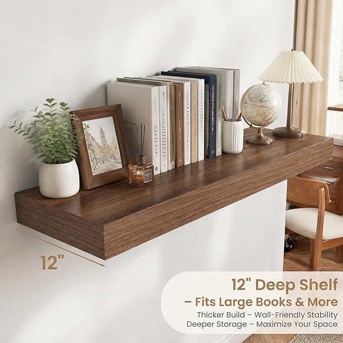 FLYJOE 36 Inch Long Floating Shelves for Wall Set of 2, 12" D Wood Grain Bathroom Shelves with Invisible Brackets, Easy Install Engineered Wood Storage Shelves for Kitchen, Living Room, Bedroom