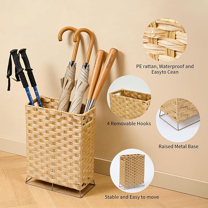 Rattan Umbrella Stand with Built-in Water Reservoir & Hooks, Hand Woven Umbrella Rack Organizer Freestanding - Stable, High-Capacity Organizer for Home and Office - 11.8" L x 5.5" W x 16.5" H