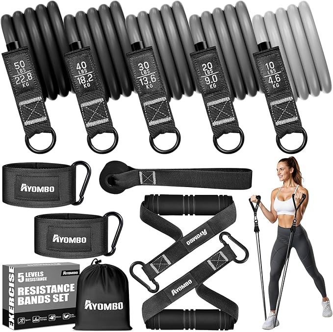 Resistance Bands with Handles for Women, Exercise Bands Set for Physical Therapy Yoga Pilates, 5 Level Workout Bands for Working Out with Door Anchor, Home Gym Fitness Equipment