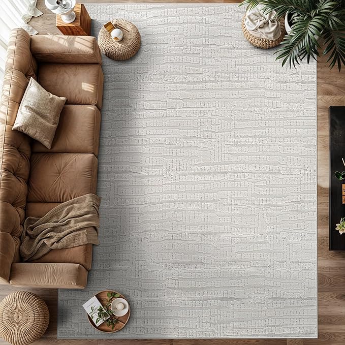 Modern Micro Loop Indoor Area Rugs for Living Room Bedroom Kitchen Geometric Pebble White 5x7 Luxury Durable Low and High Pile Non-Shedding Stain Resistant Soft Area Carpet 5 x 7
