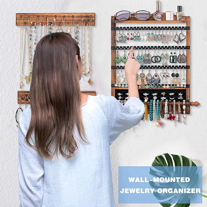 QILICHZ 3Pcs Jewelry Organizers and Storage,Wood Earring Organizer,Hanging Jewelry Organizer,Rustic Wall Jewellery Organizer,Wall Mounted Earring Holder for Storage Display Gift (Brown+Black)