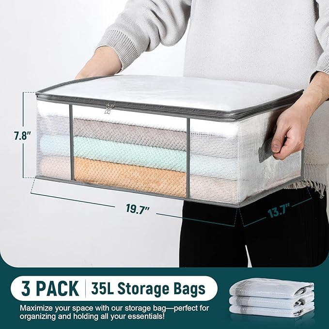 LANDNEOO 3-Pack Clothes Storage Bags, Plastic Foldable Blanket Storage bins, Closet Organizer Container for Bedroom, Bedding, Comforters, Pillows, and Clothing - 35L with Handles
