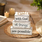 Yuntau 4 Pcs Farmhouse Wooden Tabletop Decor Farmhouse Tiered Tray Decor Rustic Retro Wood Bead Garland with God All Things are Possible Block Sign Neutral Centerpiece Sign for Home Shelf Mantle