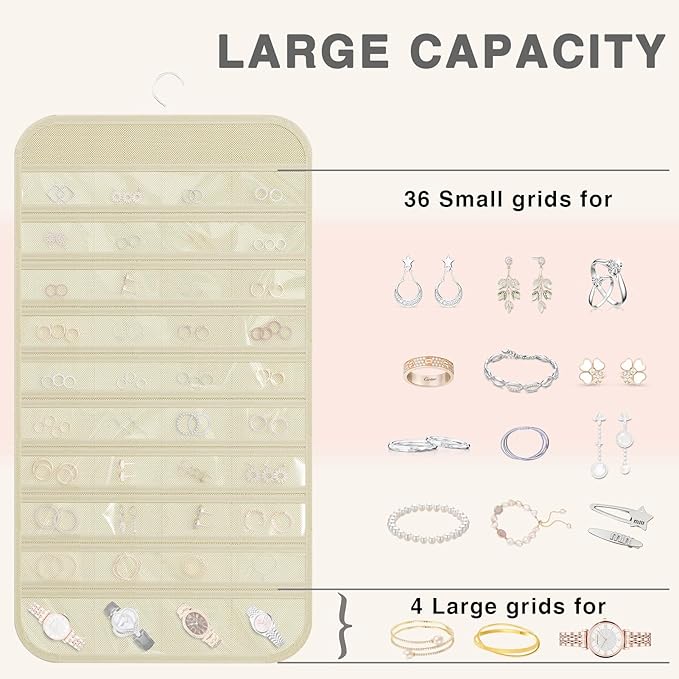 Hanging Jewelry Organizer Storage, 40 Pockets 36 Hooks Necklace Earring Bracelet Ring Organizer, Double - Sided Design, Beige