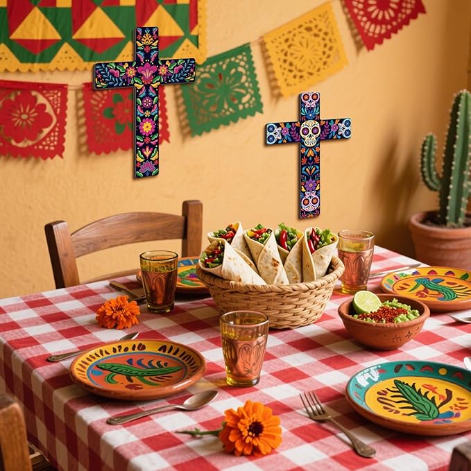 Pinkunn 2 Pcs Mexican Cross Wall Decor Floral Day of The Dead Decoration Hand Painted Wood Wall Art Dia De Muertos Altar Decorations Spanish Cross Decor for Home(Sugar Skeleton)