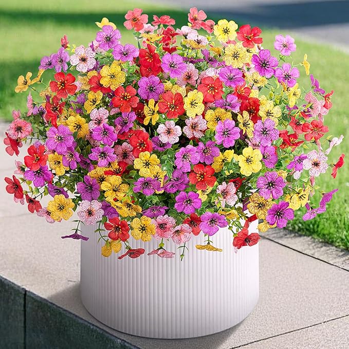 Artificial Fake Flowers Plants for Outdoor Spring Summer Decor, 12 Bundles Faux Silk Flowers for Outdoor Outside Planter Colorful Daisy UV Resistant Look Real for Front Door Porch Patio Yard