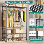 Rolling Clothes Rack, Heavy Duty Garment Rack for Hanging Clothes, Wire Adjustable Rolling Clothing Rack with Lockable Wheels & 2 Hanger Rods, Max Load 850LBS, Black