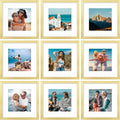 Vittanly 12x12 Picture Frames Set of 9, Shatter Resistant Plexiglass, Display 8x8 Pictures with Mat or 12x12 without Mat, Photo Frames for Wall Mount, Engineered Wood, Gold