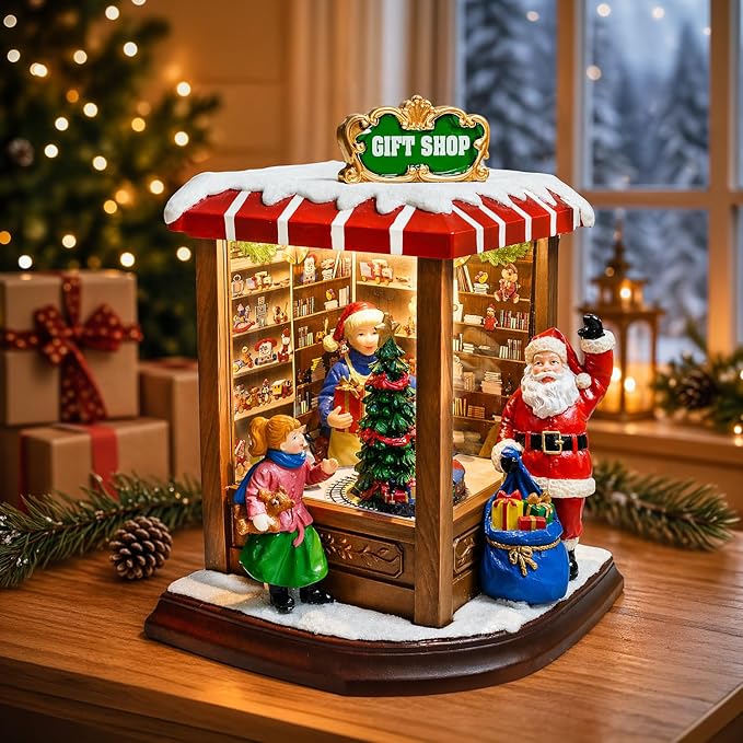MOMENTS IN TIME Christmas Village Vintage Corner Gift Shop with Santa Claus LED Lights & Music, 8 Christmas Songs, Battery Operated, Handcrafted Polyresin Santa Figurine Holiday Decoration