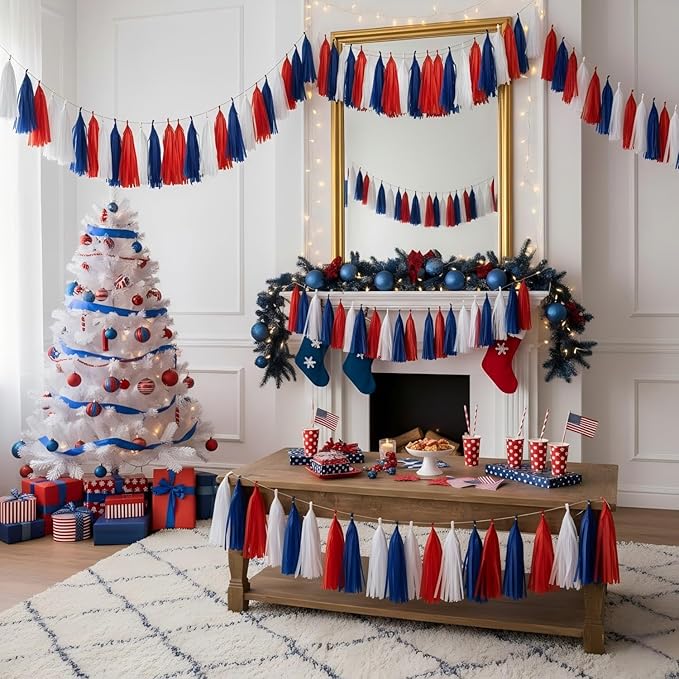 15Pcs Red Blue and White Paper Tassel Garland,Tissue Tassel Banner for Independence Day,July 4th Party,Memorial Day,Veterans Day,Party Decoration