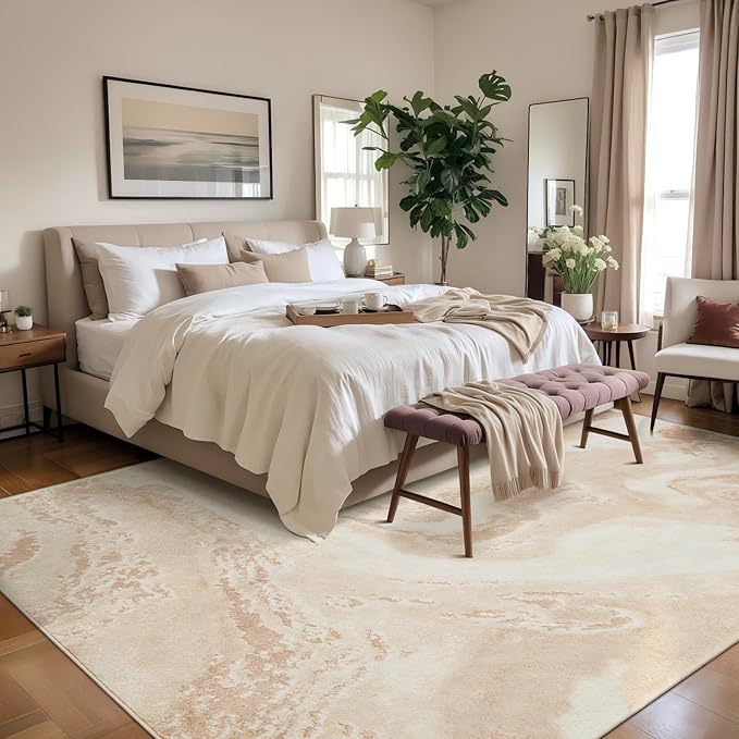 Ciicool Abstract Area Rug Indoor, 5x7 Washable Entryway Rug, Modern Soft Throw Entry Rug with Non-Slip Backing for Bedroom Living Room Entrance, Low-Pile Floor Carpet Doormat Light Brown Beige