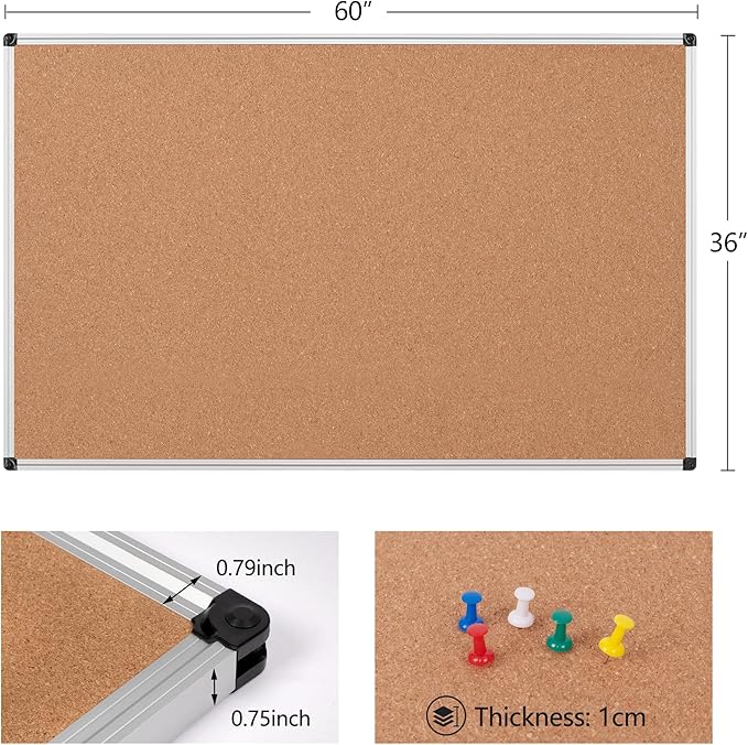 Extra Large Cork Bulletin Board 60" X 36", Silver Aluminum Framed 5'x3' Corkboard for Wall, Wall Mounted Notice Pin Board with 18 Push Pins for School, Home & Office