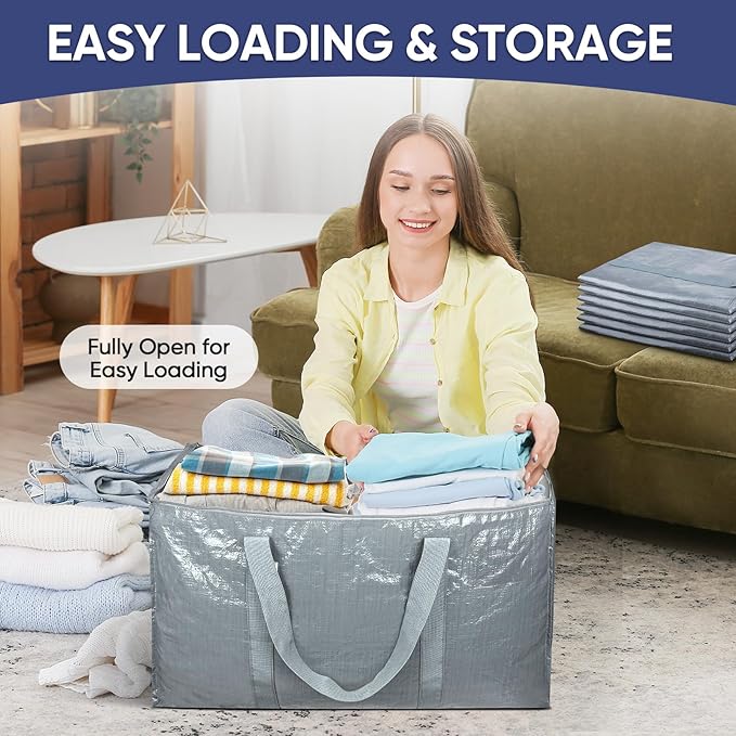 TICONN 6 Pack Extra Large Moving Bags Heavy Duty with Zippers & Carrying Handles, Durable Storage Bags Moving Boxes for Closet Organizers and Storage (6 Pack, Light Grey)