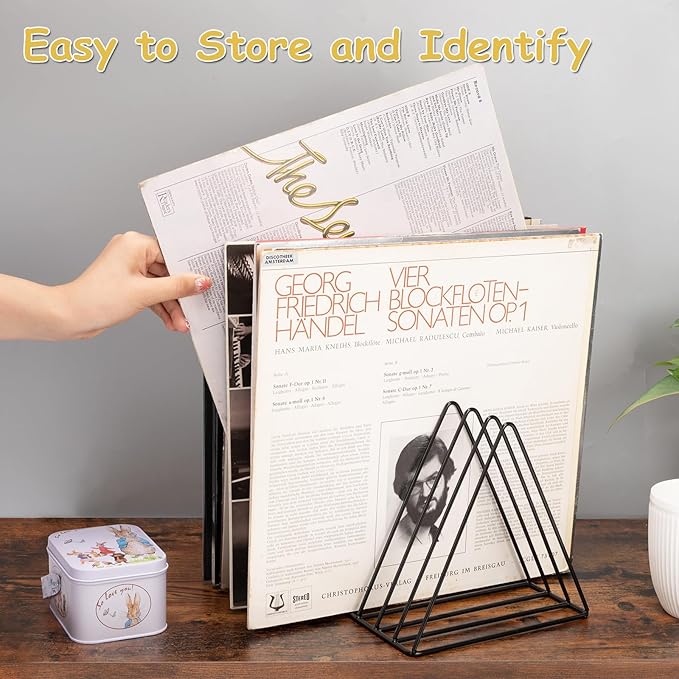 Udreamer 9 Slot Vinyl Holder,Desktop Vinyl Record Storage Holds Up 30 Vinly Records,Metal Magazine Rack Triangle File Holder for Office Homer,Black