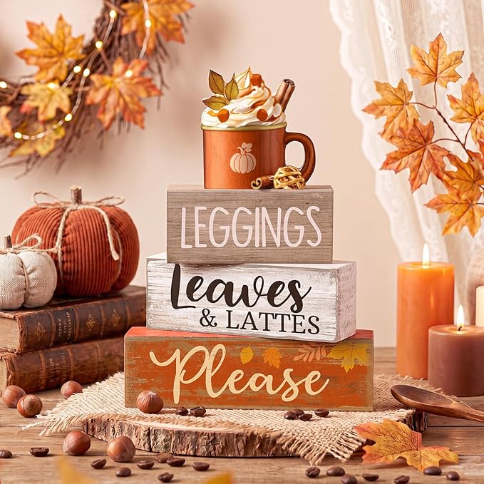 Lineshading 4 Pcs Fall Coffee Table Decor Fall Decoration for Home Wooden Stacked Block with Pumpkin Latte Topper Rustic Thanksgiving Tiered Tray Decor for Harvest Party Home Kitchen Coffee Bar Shelf