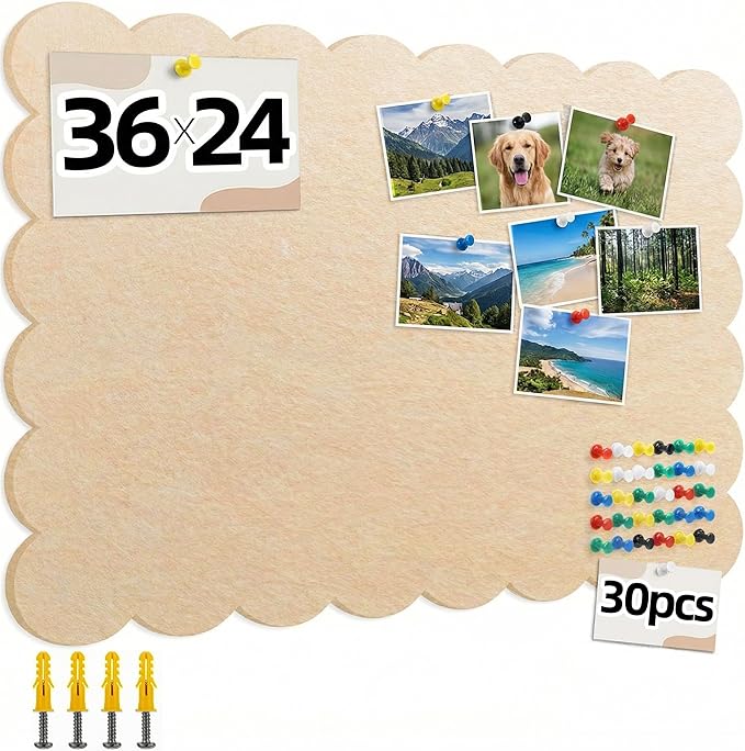 Scalloped White Felt Bulletin Board 36x24 Inches - Self-Adhesive Foldable, with 30 Pushpins, Cork Board Alternative - Decorative Pin Board for Wall, Home, Office & School (Flesh Pink, 36"x 24")