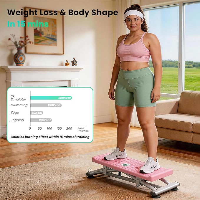 Balance Board with Pushup Handles, 300LBS Ski Balancing Machine Exercise Equipment with Resistance Bands LCD Monitor for Cardio, Home Ski Simulator Trainer for Full Body Workout, Pink