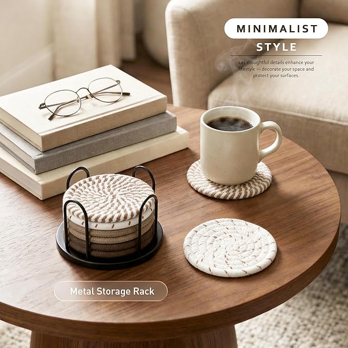 Lazebox Coasters Set of 8 for Drinks, 4 Inch Large Coasters for Coffee Table, Tabletop Protection for Hot & Cold Drinks, Versatile Coasters for Home Decor, Non-Slip & Easy to Clean, Brown