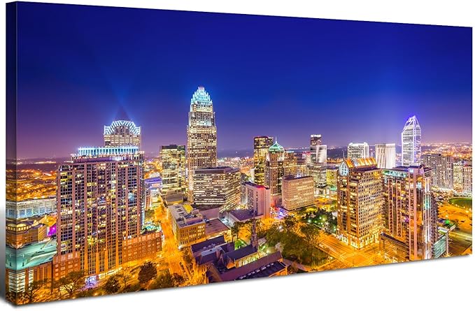Charlotte Skyline Wall Art North Carolina City Wall Art Decor for Office Living Room Night View Cityscape Canvas Prints Pictures Modern Skyscraper Building Landscape Artwork Home Decoration 20x40"