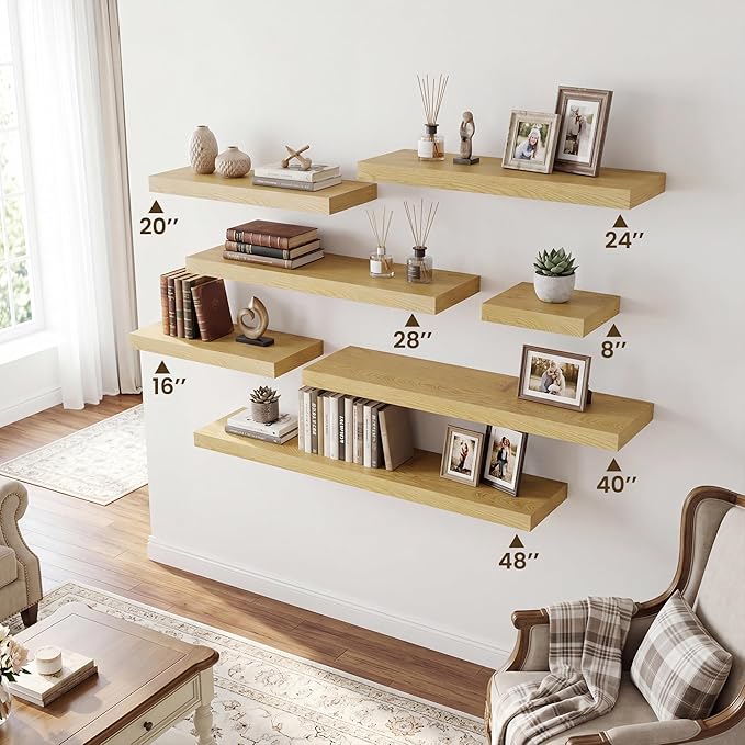 RICHFOCUS 20Inch Floating Shelves for Wall 2 Pack Shelves for Bedroom|Kitchen|Bathroom|Laundry Room Rustic Wood Wall Mounted Shelf with Invisible Brackets for Books|Storage|Decor, Oak