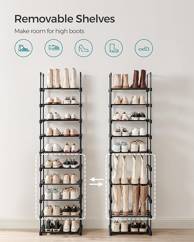 SONGMICS Shoe Rack, 10-Tier Shoe Organizer, Metal Storage Shelf, Upright or Upside Down, for 11-22 Pairs, for Entryway, 11.8 x 17.7 x 68.5 Inches, Black ULSA25BK