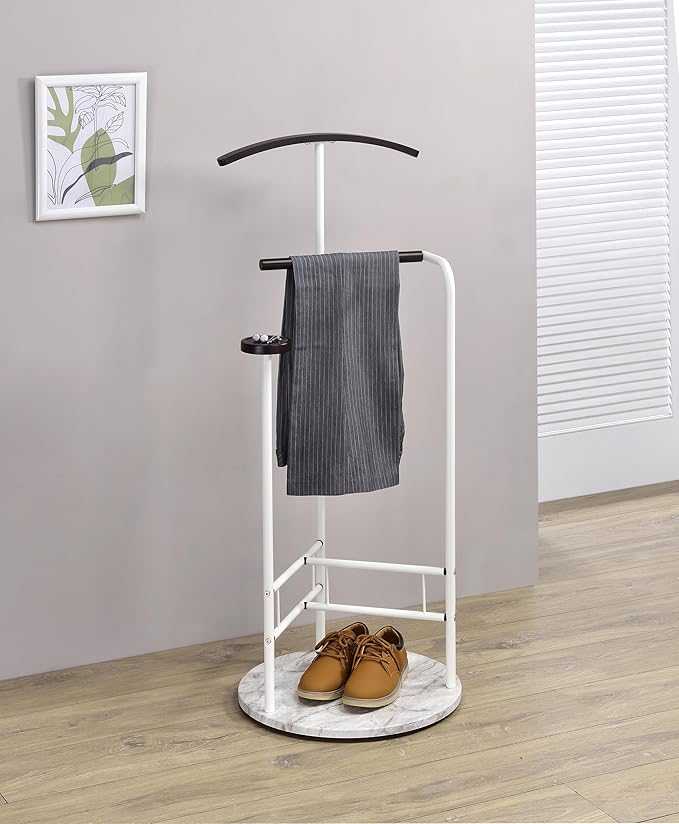 Proman Products Scandia Valet Stand, Clothes Rack, Clothing Organizer with Tray, Hanger and Trousers Bar, Wood, Metal, White