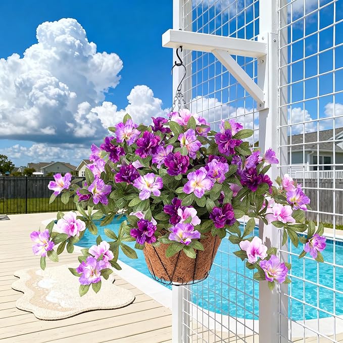 Artificial Hanging Flowers for Outdoors Hanging Baskets, 3 Pcs Fake Silk Flower with Hanging Baskets Planter for Spring Summer Garden Porch Patio Yard Outside Decor