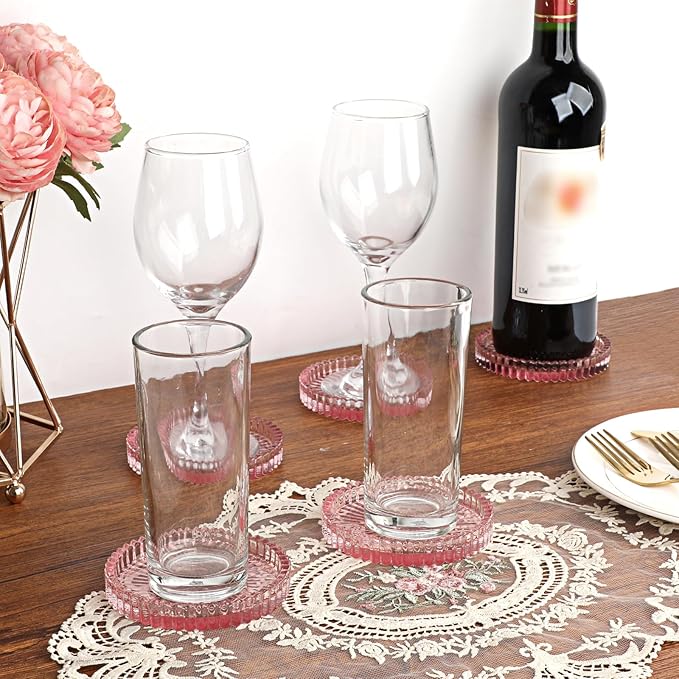 Modern Clear Coaster Set of 5- Glass Coasters for Drinks Crystal Coasters Round Cup Coaster Coffee Table Decor for Office, Kitchen, Bar, Dining Room, Living Room, Patio(Clear Pink)