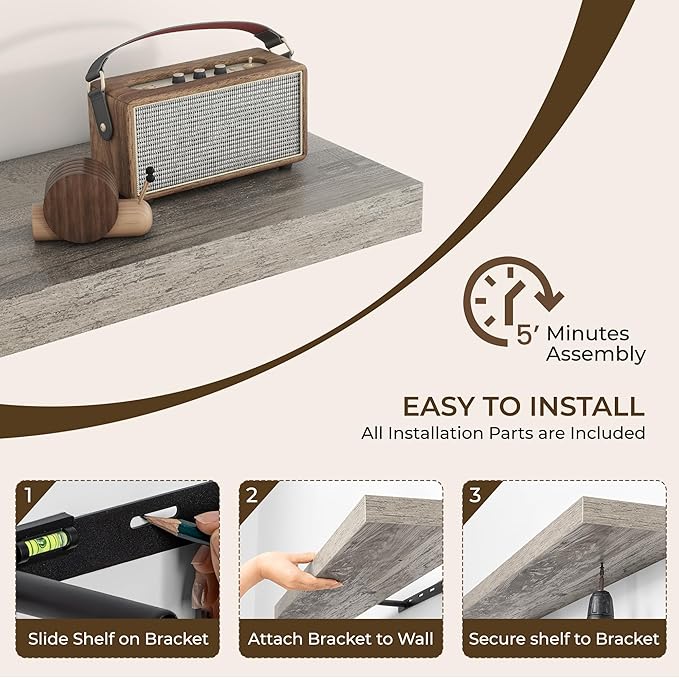 RICHFOCUS 28Inch Floating Shelves for Wall 2 Pack Shelves for Bedroom|Kitchen|Bathroom|Laundry Room Rustic Wood Wall Mounted Shelf with Invisible Brackets for Books|Storage|Decor, Grey
