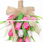 Spring Swags Ideal for Front Door Artifical Tulips Teardrop Swag with Burlap Bow Hanging Decorative Easter Wreath Ideal for Porch Wall Mother's Day 8.7x15.8 inch