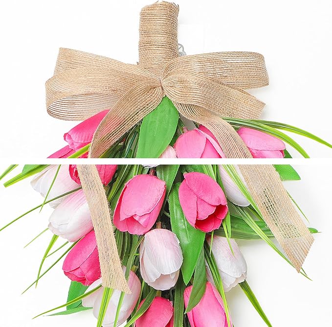 Spring Swags Ideal for Front Door Artifical Tulips Teardrop Swag with Burlap Bow Hanging Decorative Easter Wreath Ideal for Porch Wall Mother's Day 8.7x15.8 inch