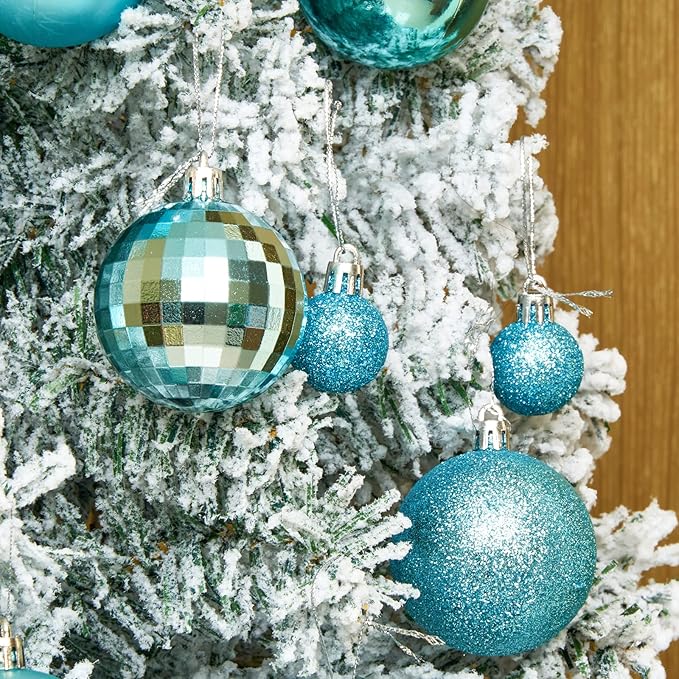 Emopeak 24Pcs Christmas Balls Ornaments for Xmas Christmas Tree - 4 Style Shatterproof Christmas Tree Decorations Hanging Ball for Holiday Wedding Party Decoration (Teal Blue, 2.4"/6.2CM)