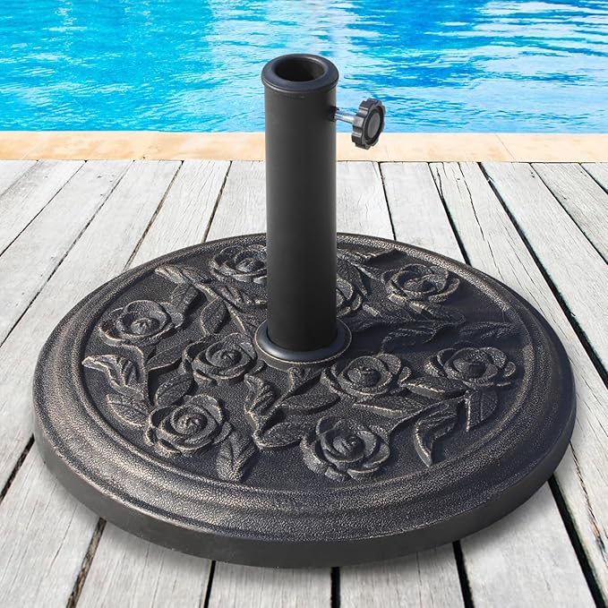 18" 20 Lbs Round Resin Umbrella Base Stand with Decorative Rose Floral Pattern & Easy Setup, Antique Bronze