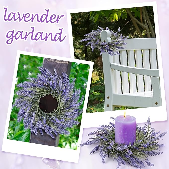 6 Pcs Lavender Candle Ring Pillar Wreaths Mini Purple Wreath Table Centerpieces 9 Inch Wreath for Cabinets Artificial Farmhouse Lavender Wreaths for Front Door Porch Wall Window