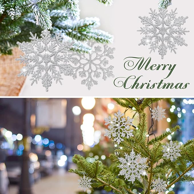 46Pcs Plastic Snowflake Ornament Christmas Glitter Snowflake Hanging Christmas Tree Decorations with Silver Rope for Winter Decorations Tree Window Door Accessories (Silver)