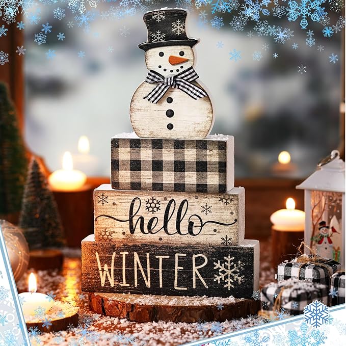 Moucuny 4 Pcs Snowman Christmas Decor Winter Table Decorations Christmas Tiered Tray Decor Winter Centerpiece Decorations Indoor Rustic Wooden Snowman Block Sign Gift Farmhouse for Home Kitchen Shelf