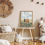 Framed Dog Canvas Wall Art, Cute Three Dogs in Flower Field Pictures Wall Decor, Rustic Farmhouse Animal Nature Paintings Prints Home Decor for Living Room Bedroom Bathroom 16x24 inch