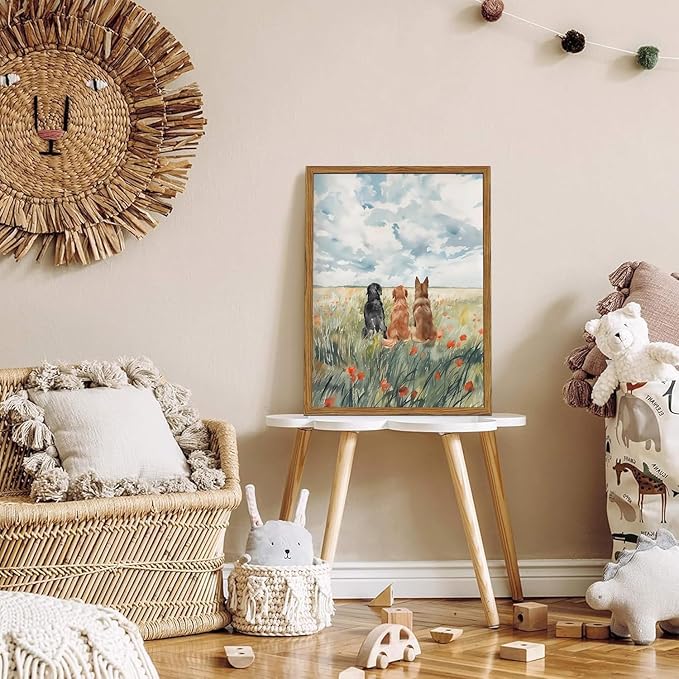 Framed Dog Canvas Wall Art, Cute Three Dogs in Flower Field Pictures Wall Decor, Rustic Farmhouse Animal Nature Paintings Prints Home Decor for Living Room Bedroom Bathroom 12x16 inch