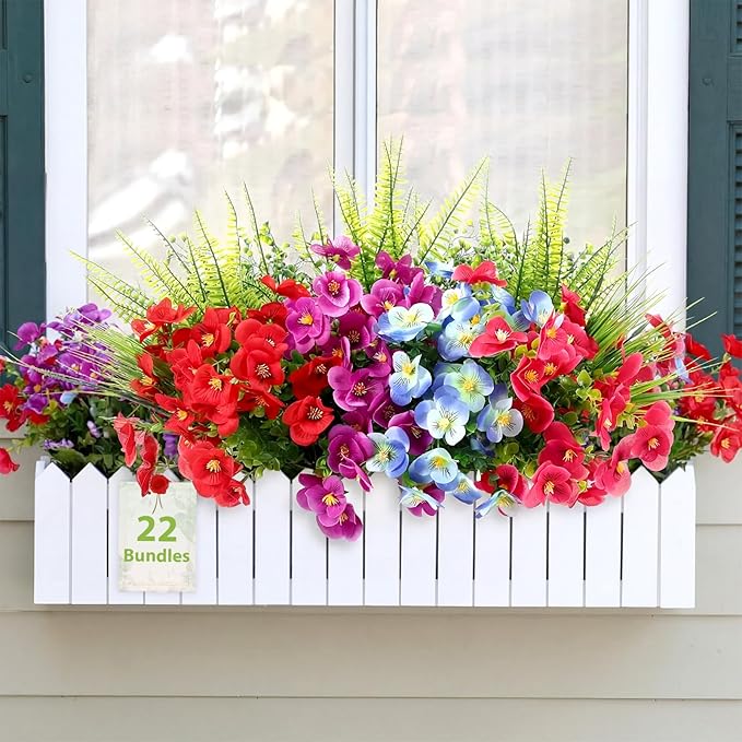 22 Bundles Artificial Flowers for Outdoor Decoration, 4 Styles Faux Plants Decorations with Pansy, Persian Leaves, Grass, Hanging-Bells for Window Box Patio Fireplace Spring Decor