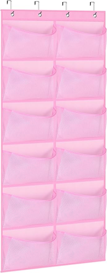 KIMBORA 12 Large Mesh Pockets Over the Door Shoe Organizer for Closet Hanging Shoe Rack for Door Sneaker Hanger Boot Storage for Kids, Baby, Toddler, Girl, Pink