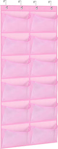 KIMBORA 12 Large Mesh Pockets Over the Door Shoe Organizer for Closet Hanging Shoe Rack for Door Sneaker Hanger Boot Storage for Kids, Baby, Toddler, Girl, Pink