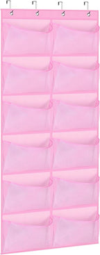 KIMBORA 12 Large Mesh Pockets Over the Door Shoe Organizer for Closet Hanging Shoe Rack for Door Sneaker Hanger Boot Storage for Kids, Baby, Toddler, Girl, Pink
